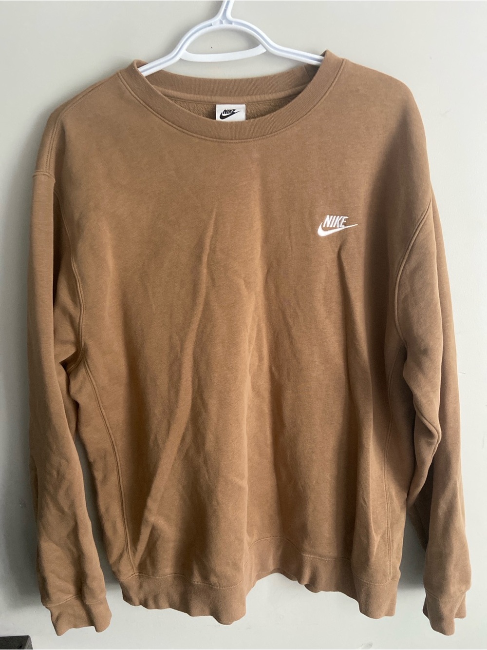 Nike Men’s Crewneck Sweatshirt in Camel Brown with White Logo
